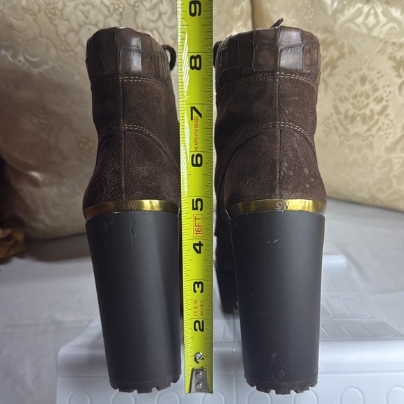 (E4) Stuart Weitzman Brown Suede Chunky Heel Lace Up Platform‎ Boots Size 7.5 - Picture 2 of 13
